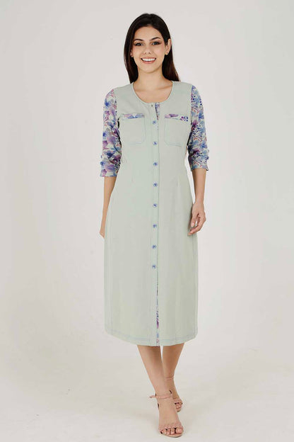 Light Olive Cotton Stretch Round-Neck Dress With Print