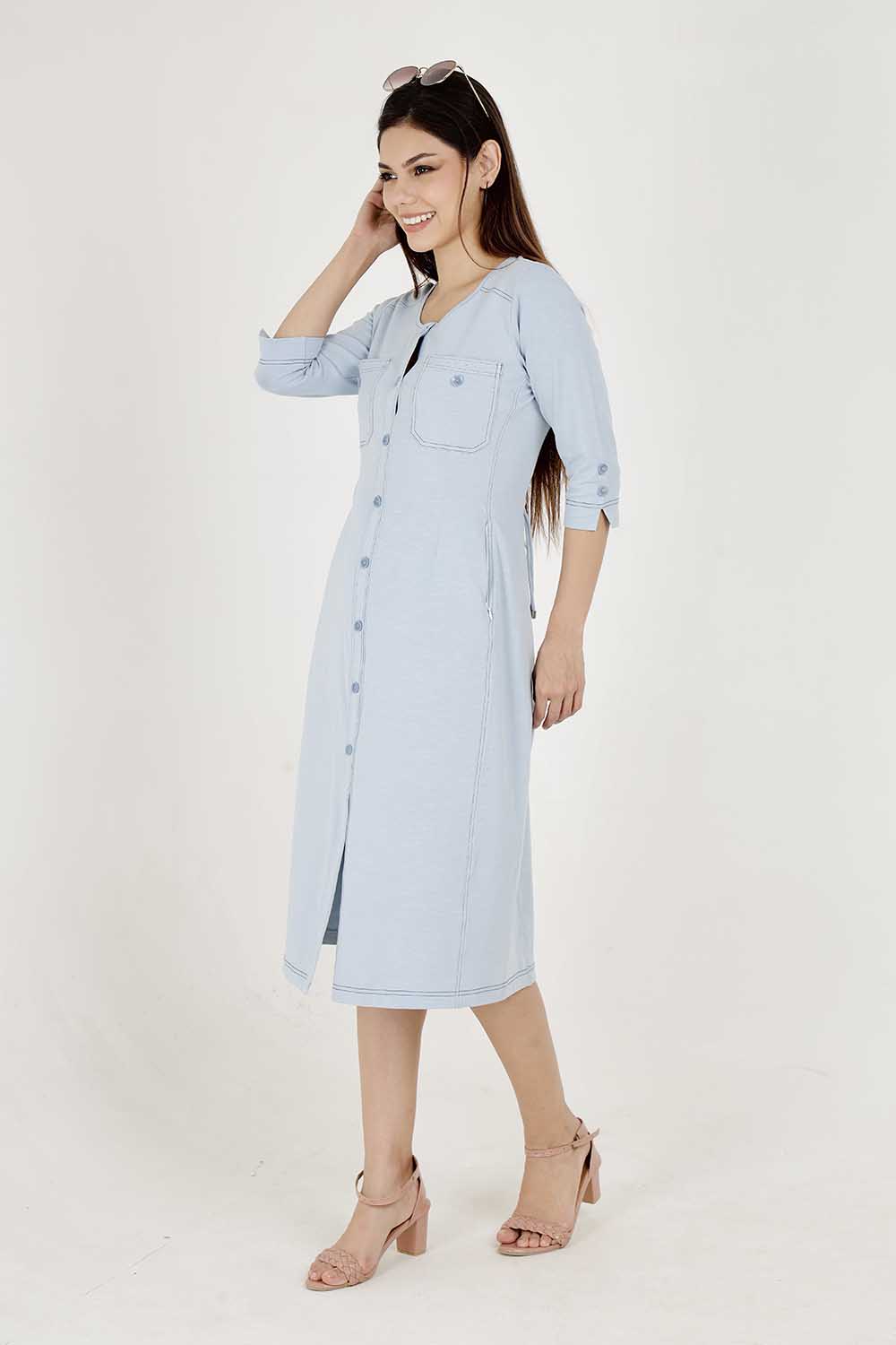 Light Olive Cotton Stretch Round-Neck Dress With Print