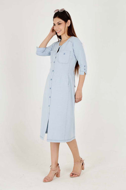 Light Olive Cotton Stretch Round-Neck Dress With Print