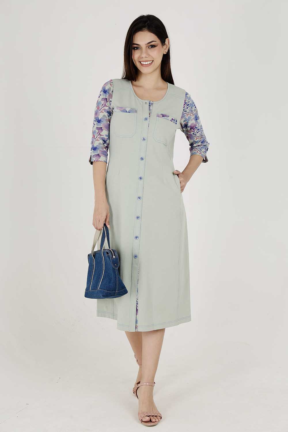 Light Olive Cotton Stretch Round-Neck Dress With Print