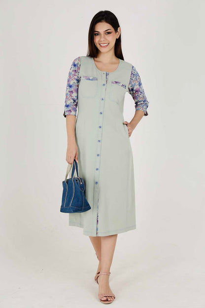 Light Olive Cotton Stretch Round-Neck Dress With Print