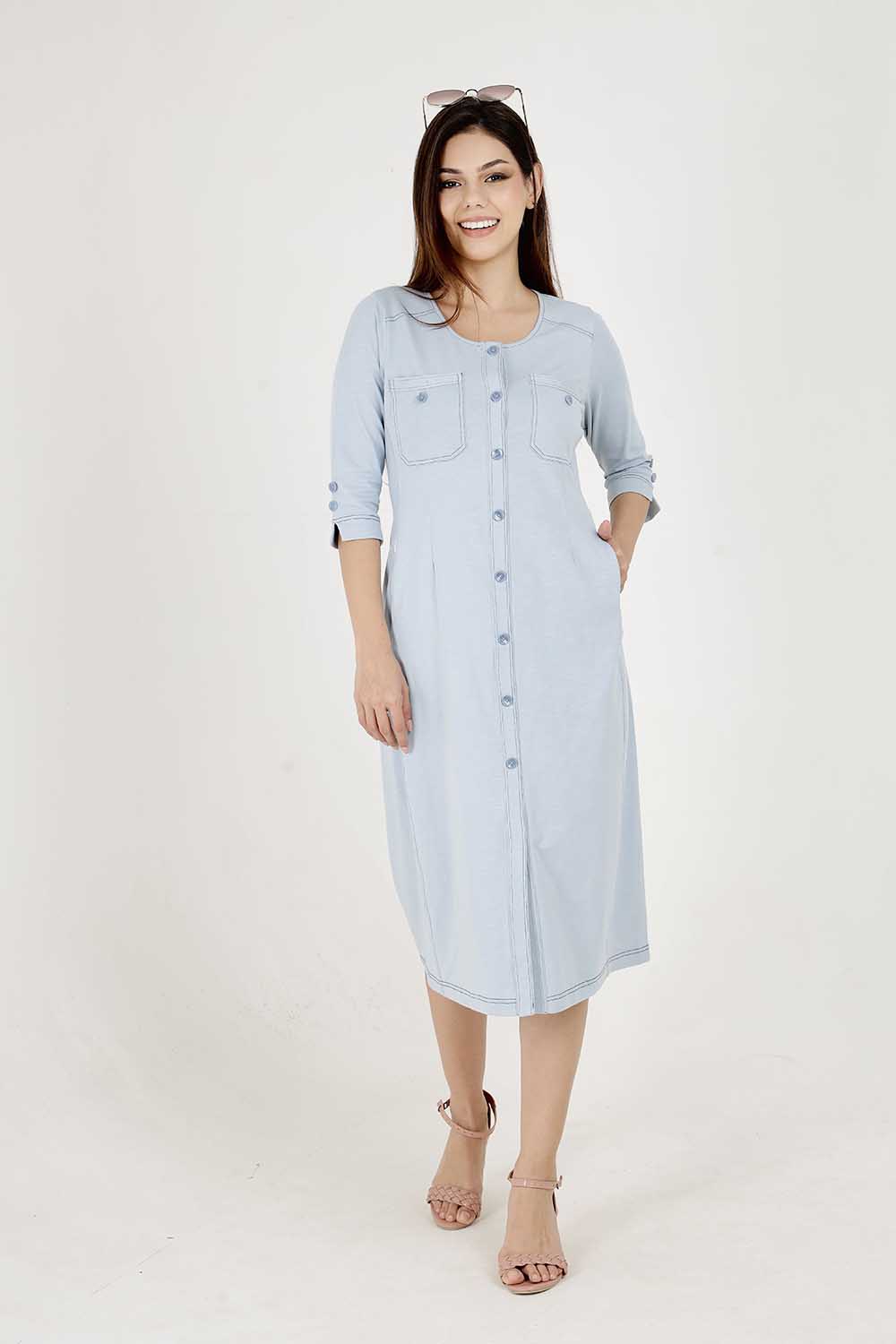 Light Olive Cotton Stretch Round-Neck Dress With Print