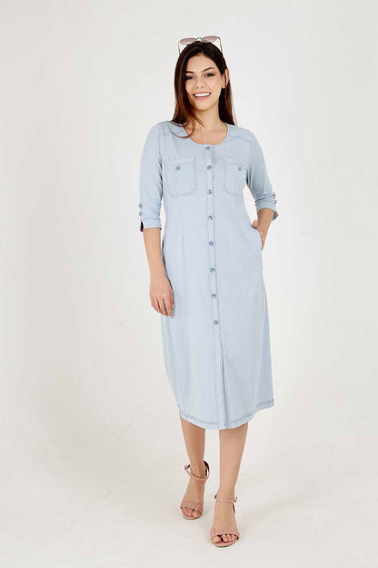 Light Olive Cotton Stretch Round-Neck Dress With Print