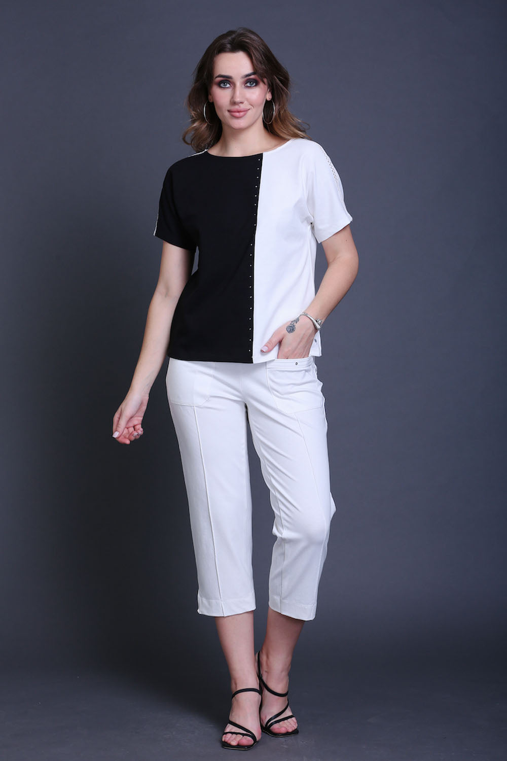 Black & White Cotton Stretch Dolman Sleeve Top