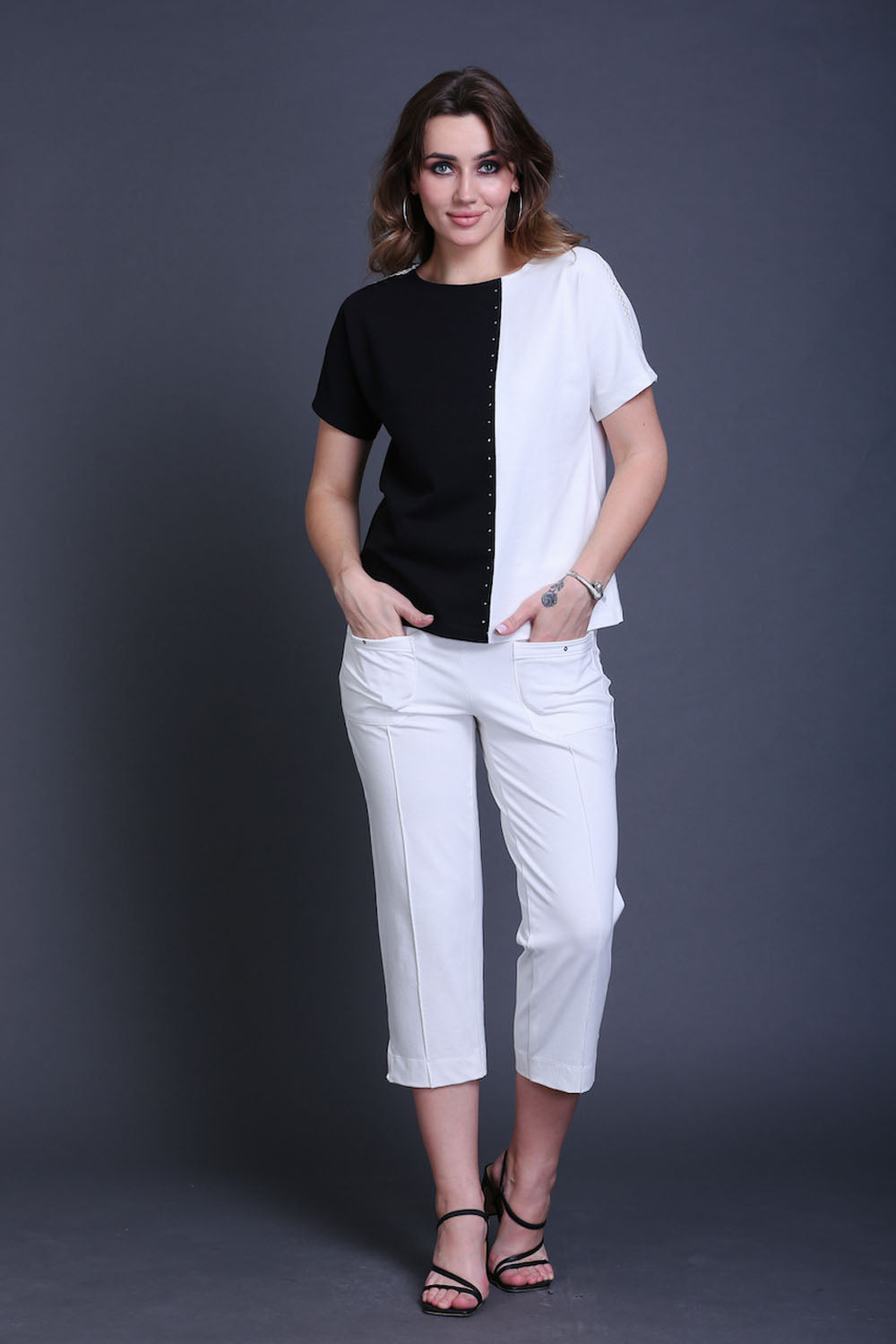 Black & White Cotton Stretch Dolman Sleeve Top