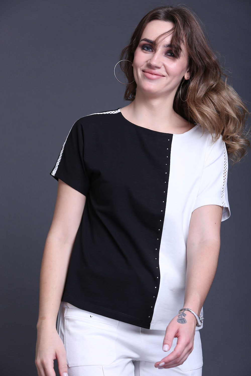 Black & White Cotton Stretch Dolman Sleeve Top