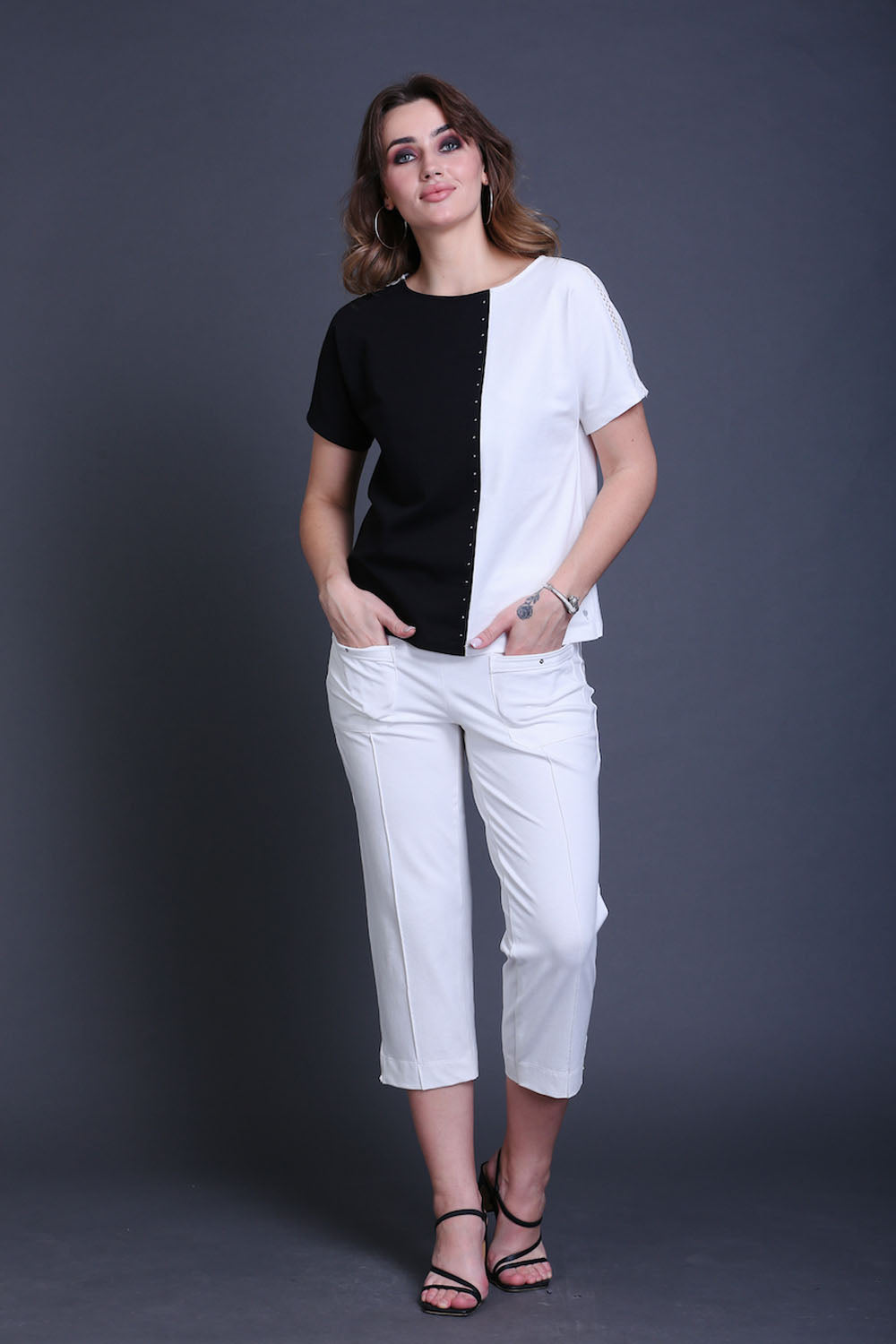Black & White Cotton Stretch Dolman Sleeve Top