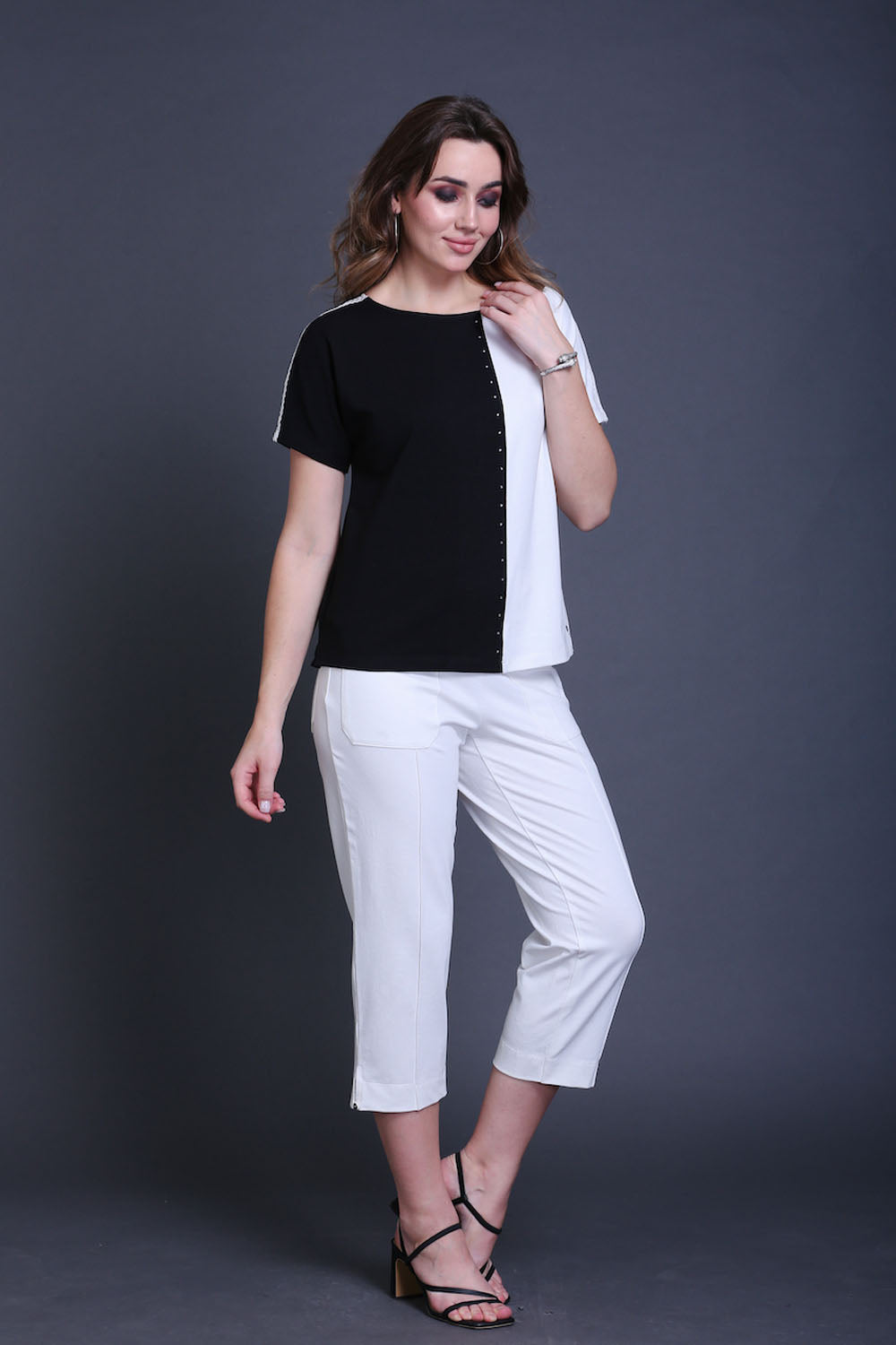 Black & White Cotton Stretch Dolman Sleeve Top
