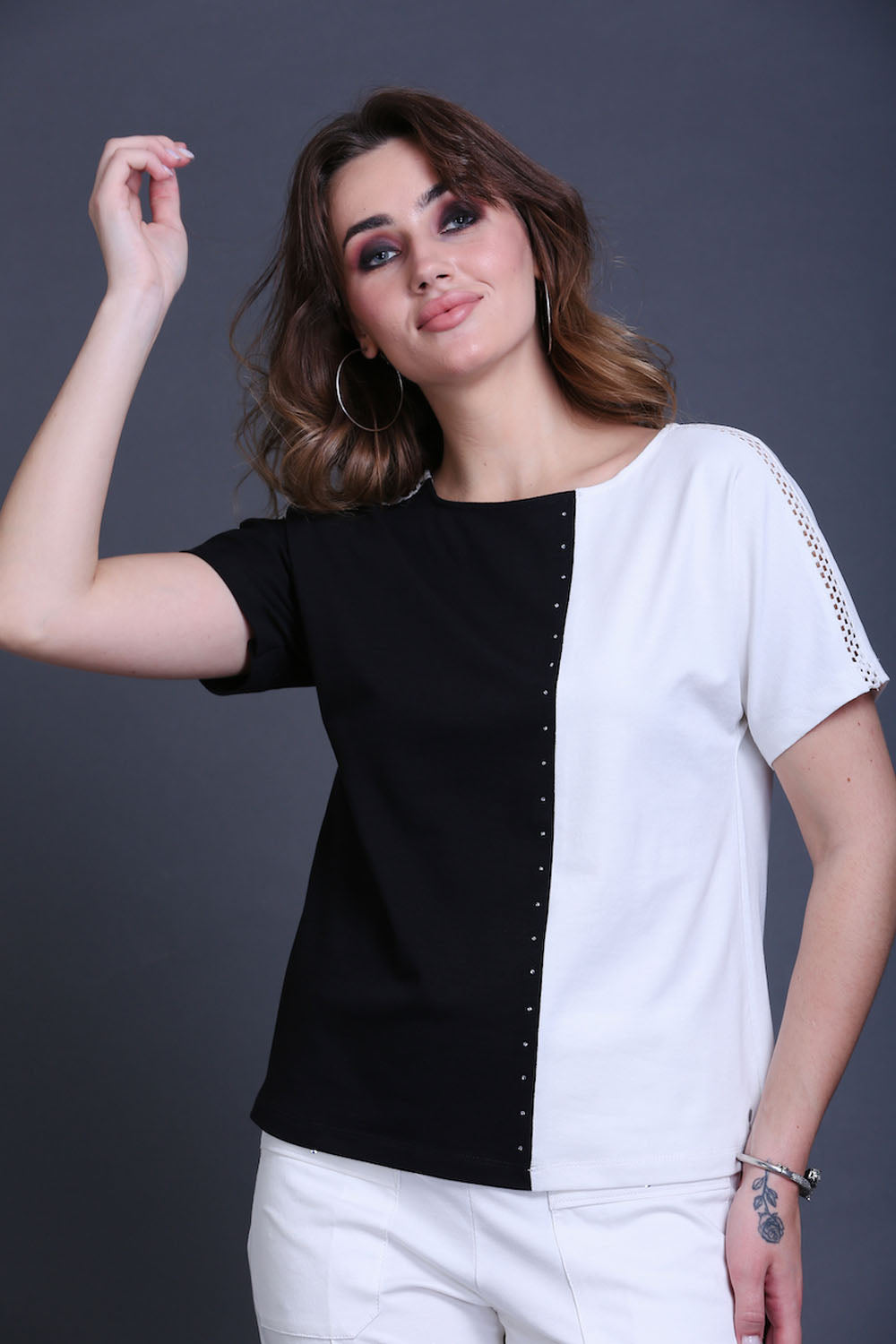 Black & White Cotton Stretch Dolman Sleeve Top