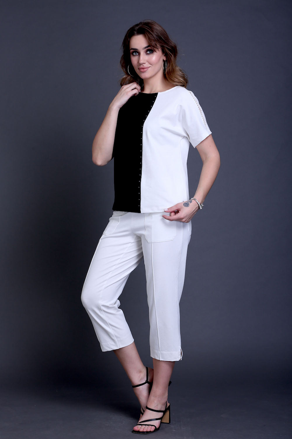 Black & White Cotton Stretch Dolman Sleeve Top