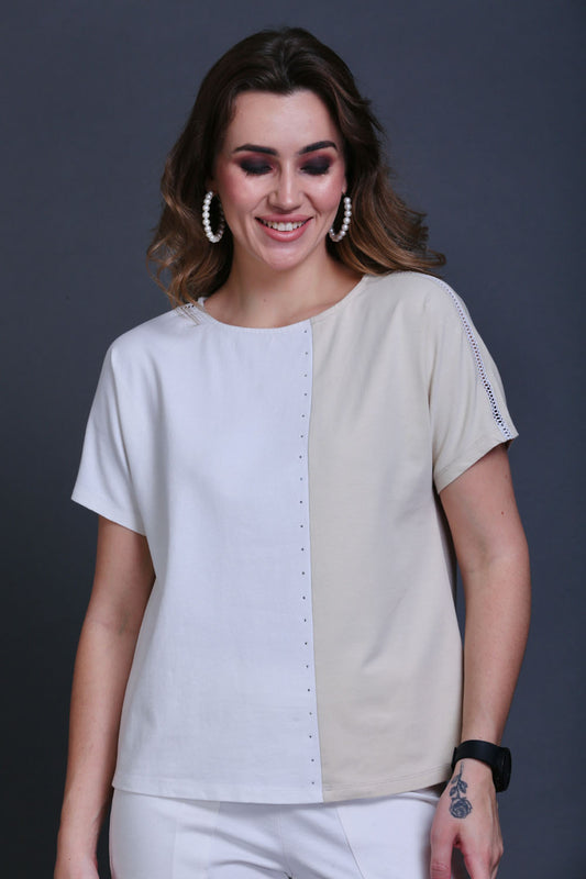 Fawn & White Cotton Stretch Dolman Sleeve Top