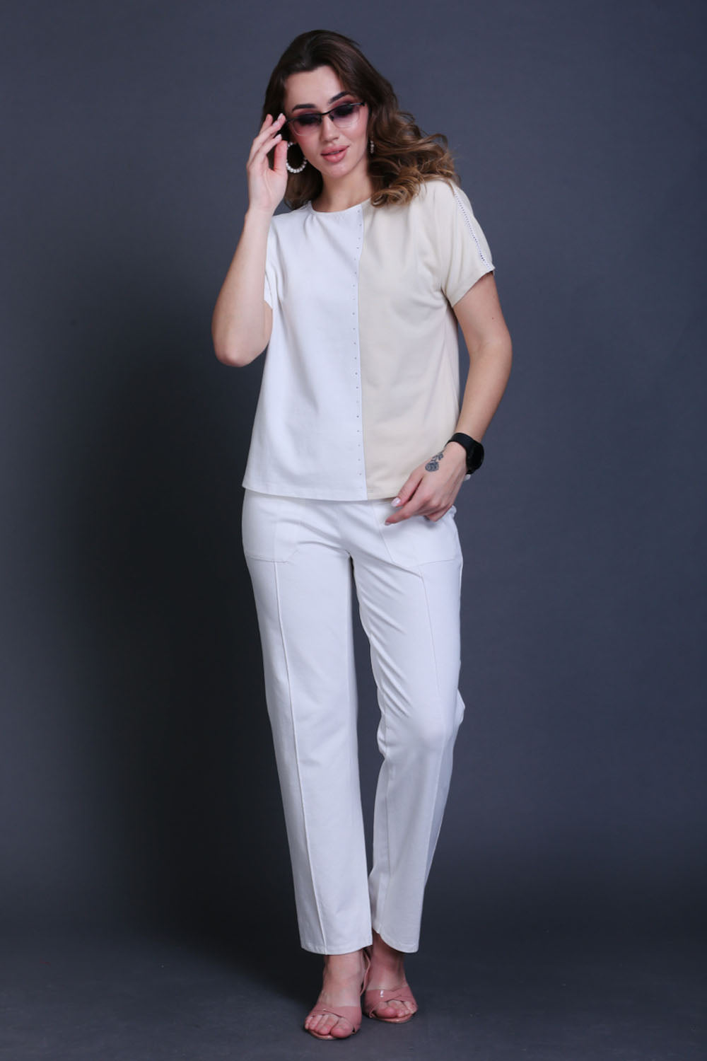 Fawn & White Cotton Stretch Dolman Sleeve Top