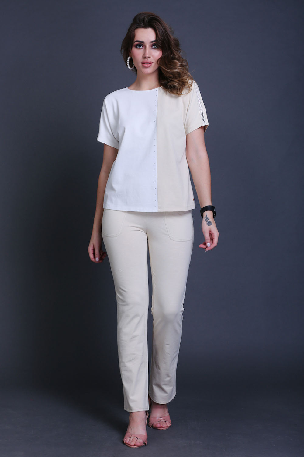Fawn & White Cotton Stretch Dolman Sleeve Top