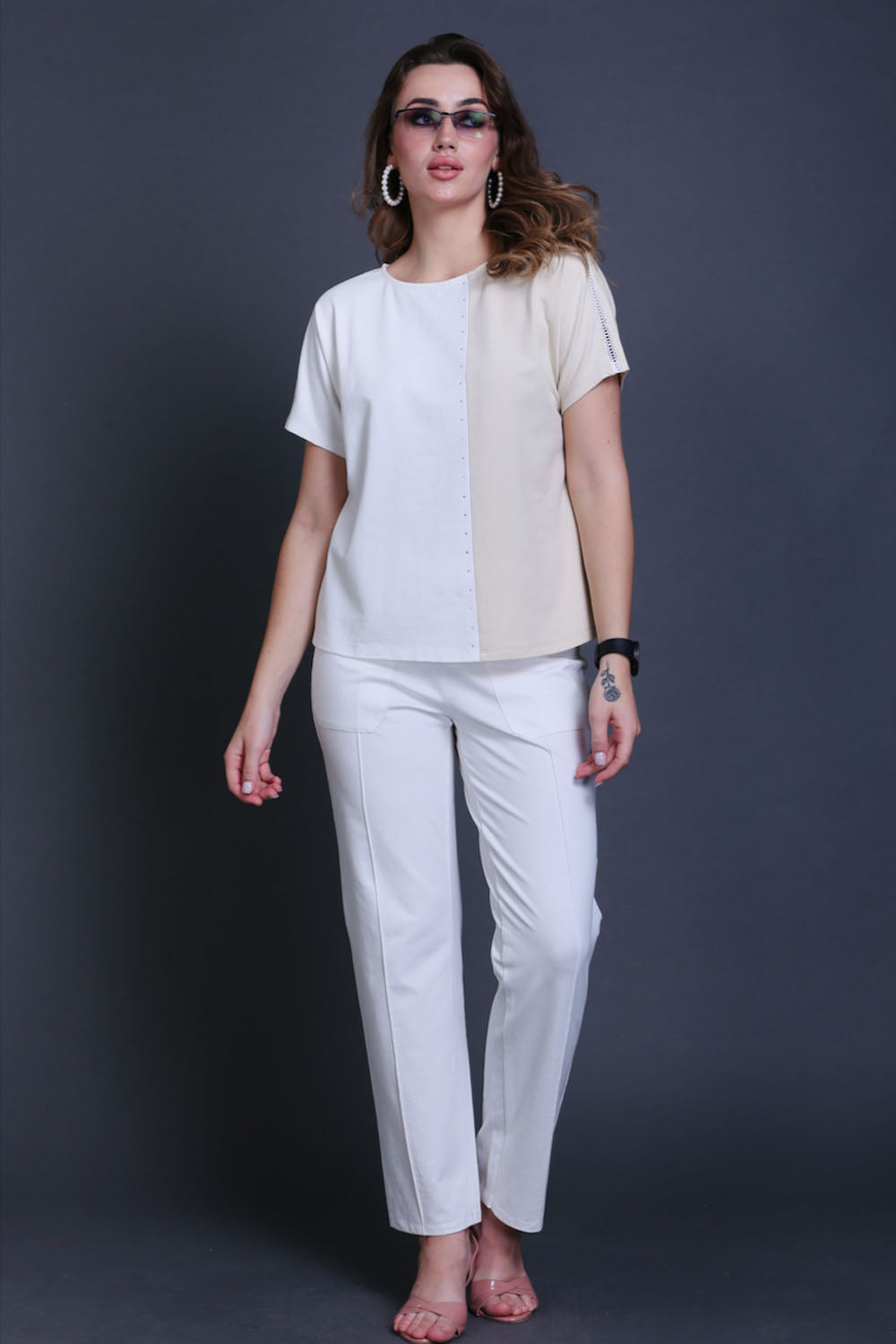 Fawn & White Cotton Stretch Dolman Sleeve Top
