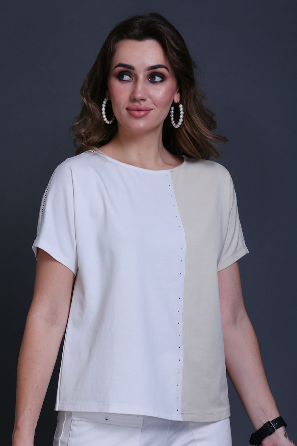 Fawn & White Cotton Stretch Dolman Sleeve Top