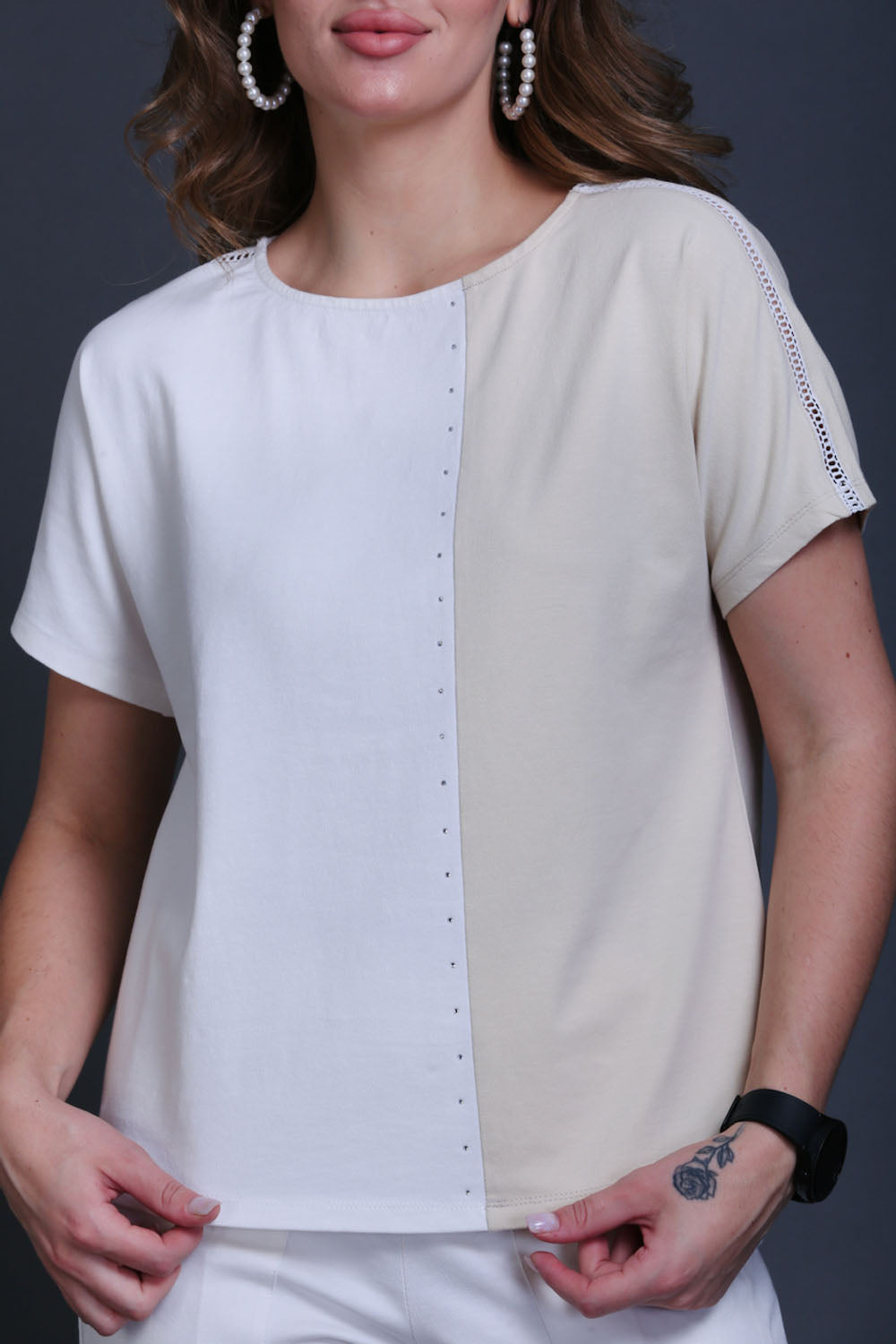 Fawn & White Cotton Stretch Dolman Sleeve Top