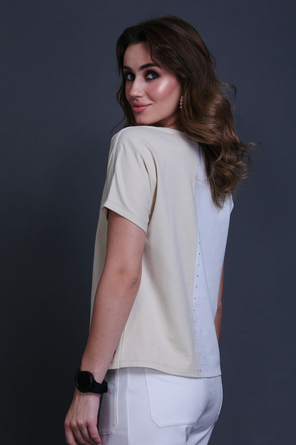 Fawn & White Cotton Stretch Dolman Sleeve Top