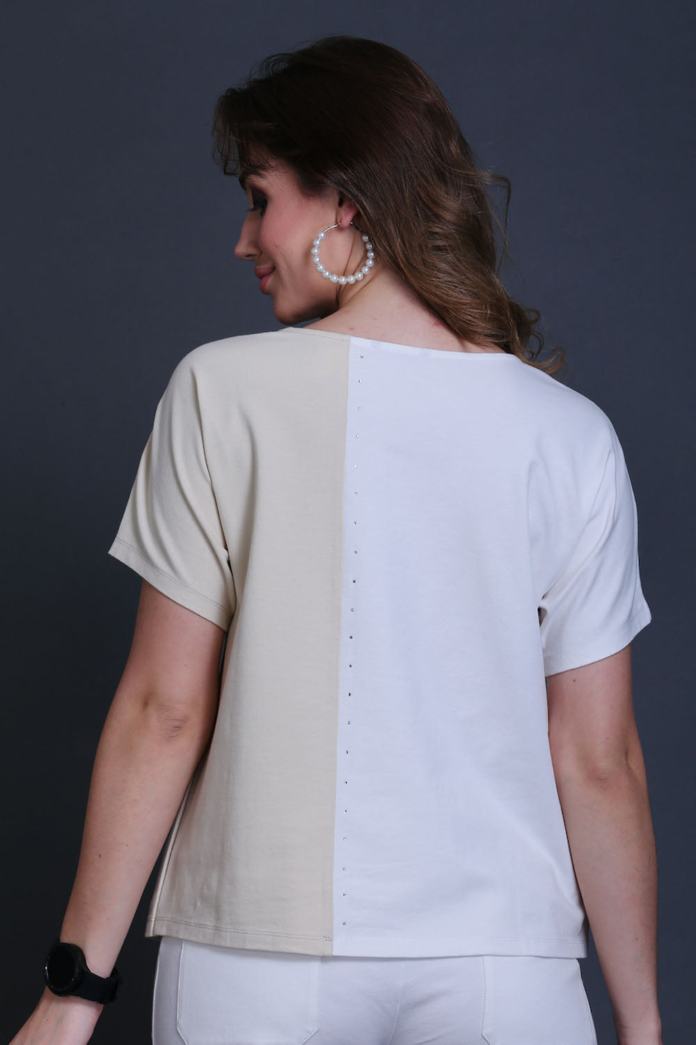 Fawn & White Cotton Stretch Dolman Sleeve Top