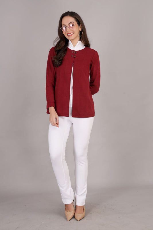Maroon Stretch Velvet Round Collar Open Jacket