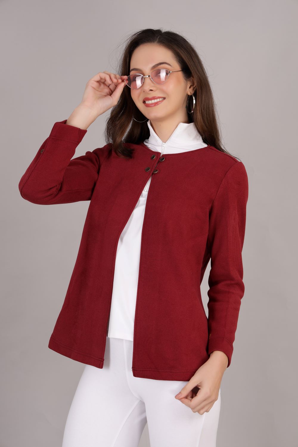 Maroon Stretch Velvet Round Collar Open Jacket