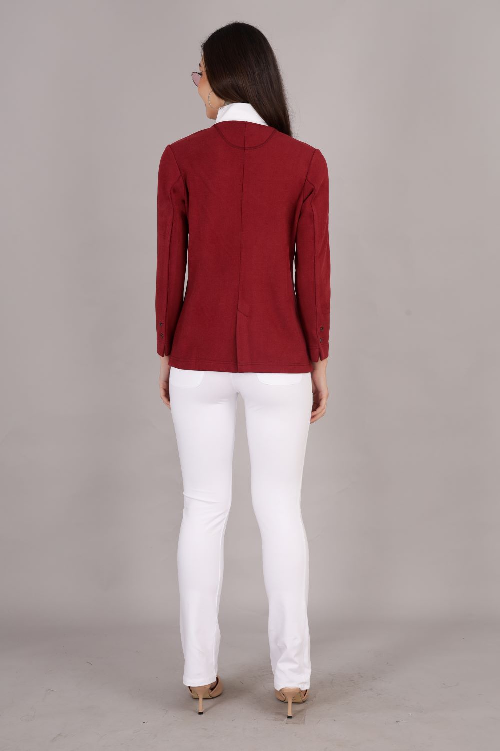 Maroon Stretch Velvet Round Collar Open Jacket