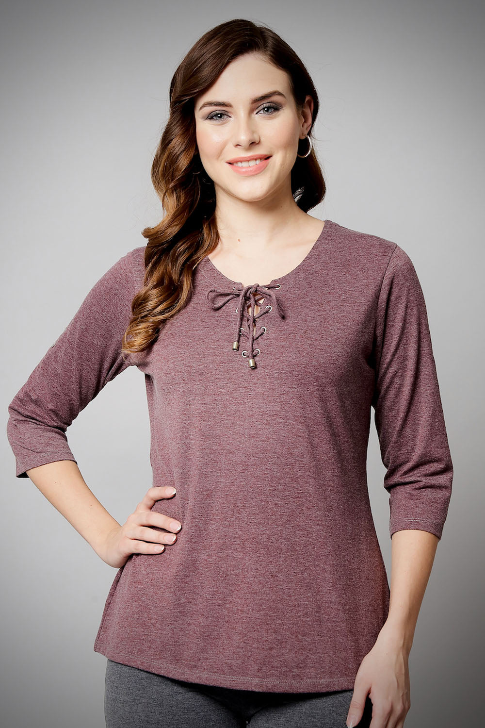 Wine Melange String Collar Stretch Top