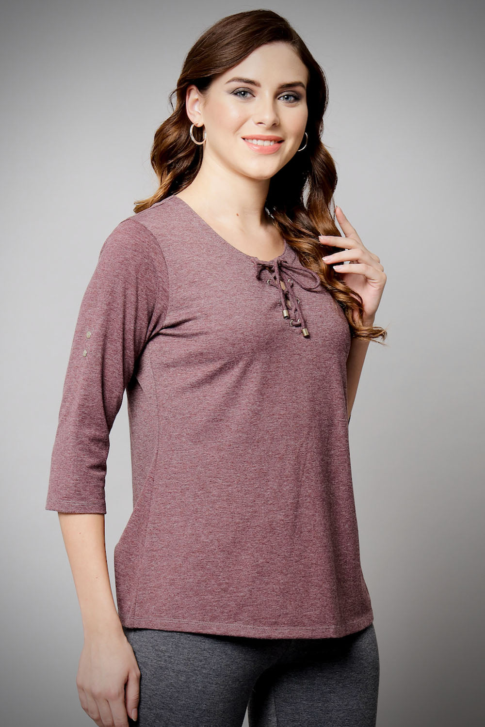 Wine Melange String Collar Stretch Top