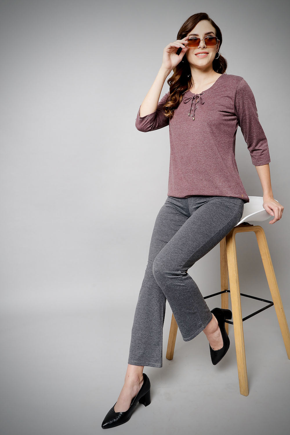 Wine Melange String Collar Stretch Top