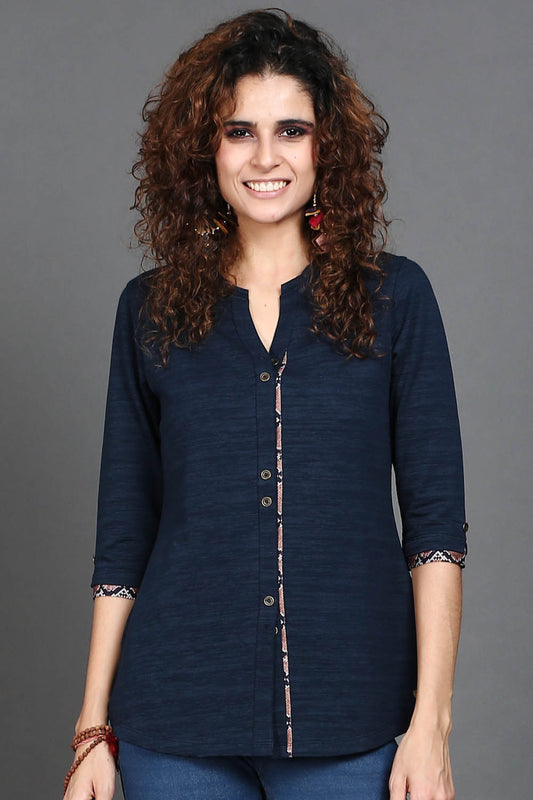 Navy Long Top with Animal Print Highlights