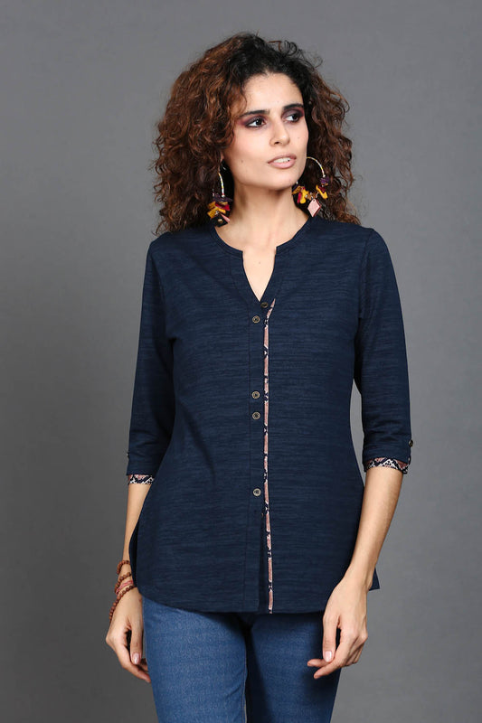 Navy Long Top with Animal Print Highlights