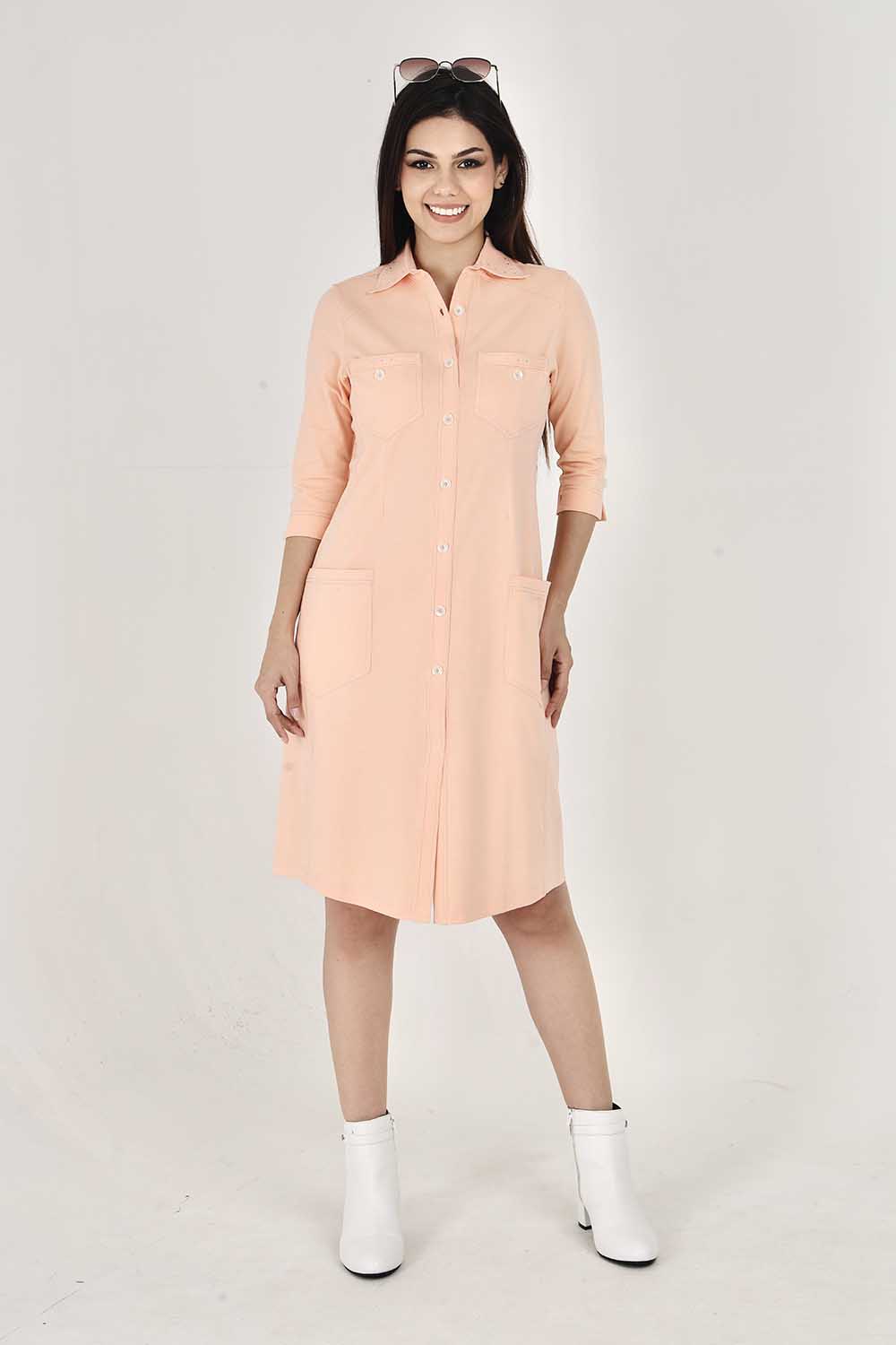 Peach Sporty Cotton Stretch Collar Dress
