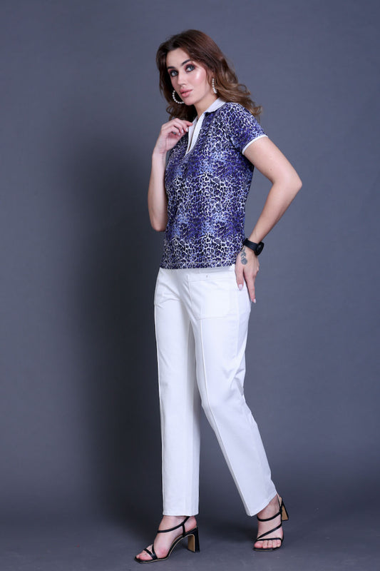 Purple Leopard Print Cotton T-Shirt with Swarovski Collar