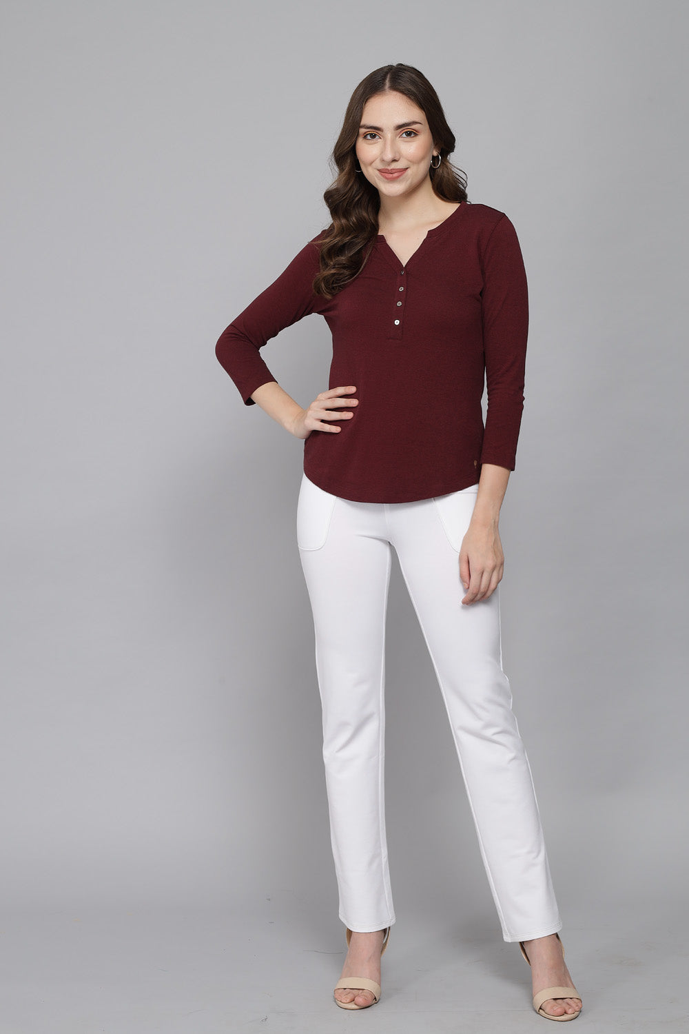Wine Weave V Neck Stretch Top