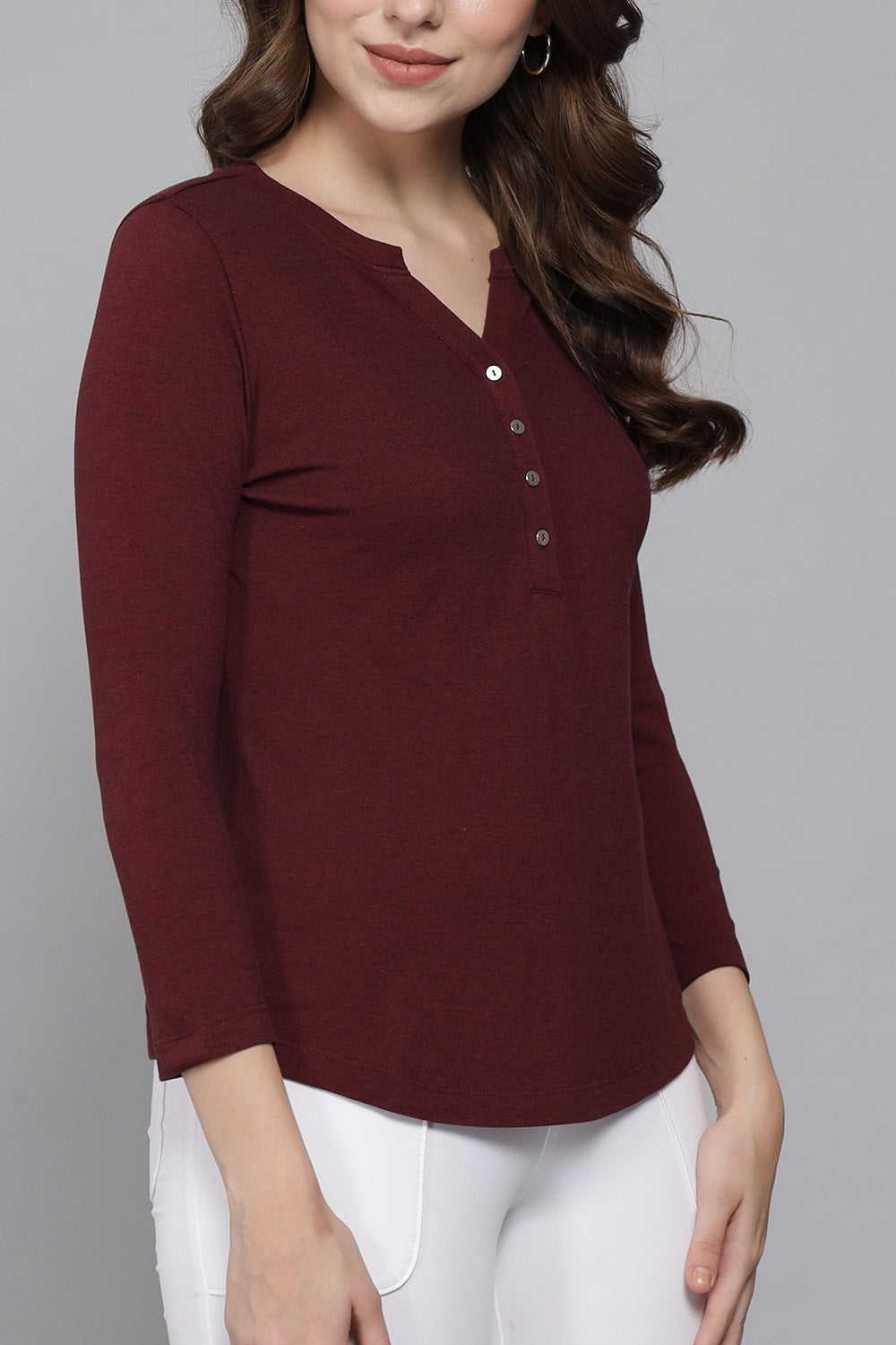Wine Weave V Neck Stretch Top