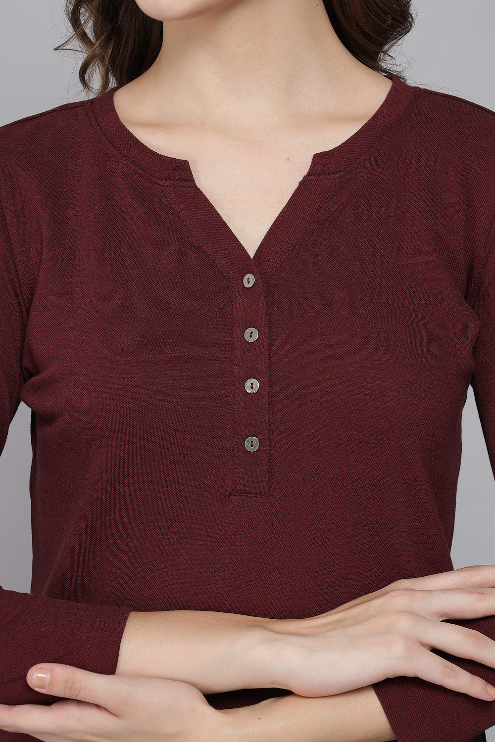 Wine Weave V Neck Stretch Top