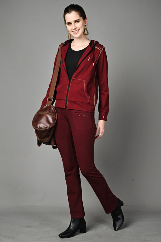 Wine Cotton Stretch Zip-Up Hoodie