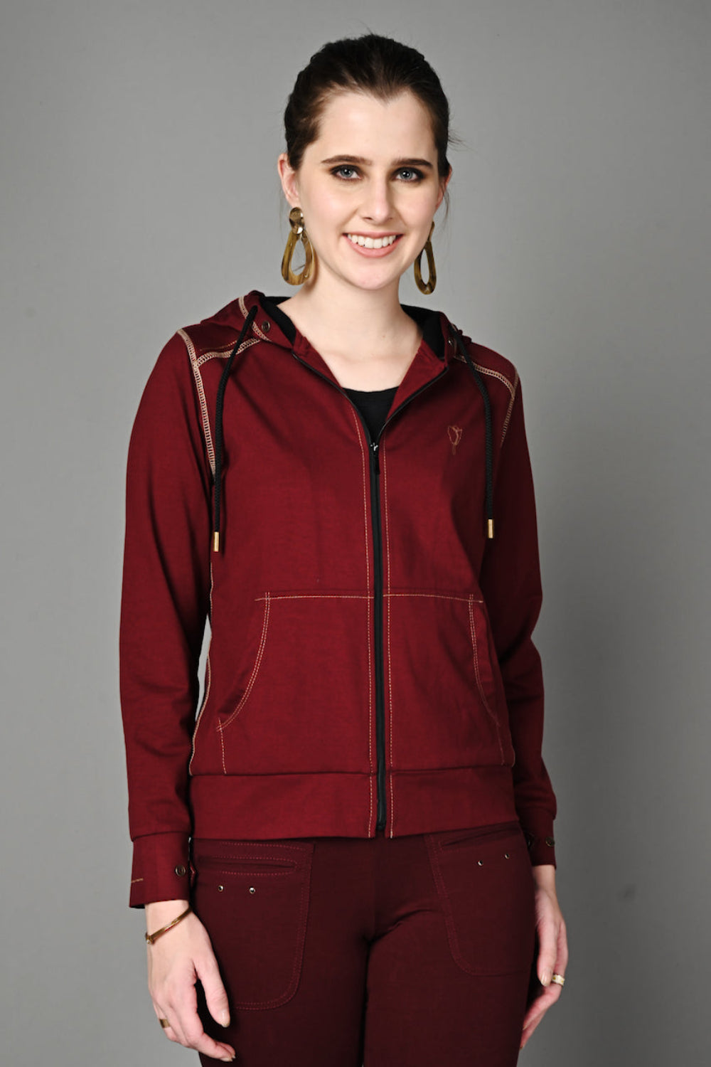 Wine Cotton Stretch Zip-Up Hoodie