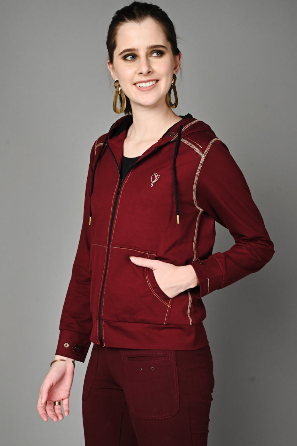Wine Cotton Stretch Zip-Up Hoodie