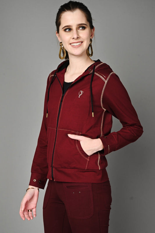 Wine Cotton Stretch Zip-Up Hoodie