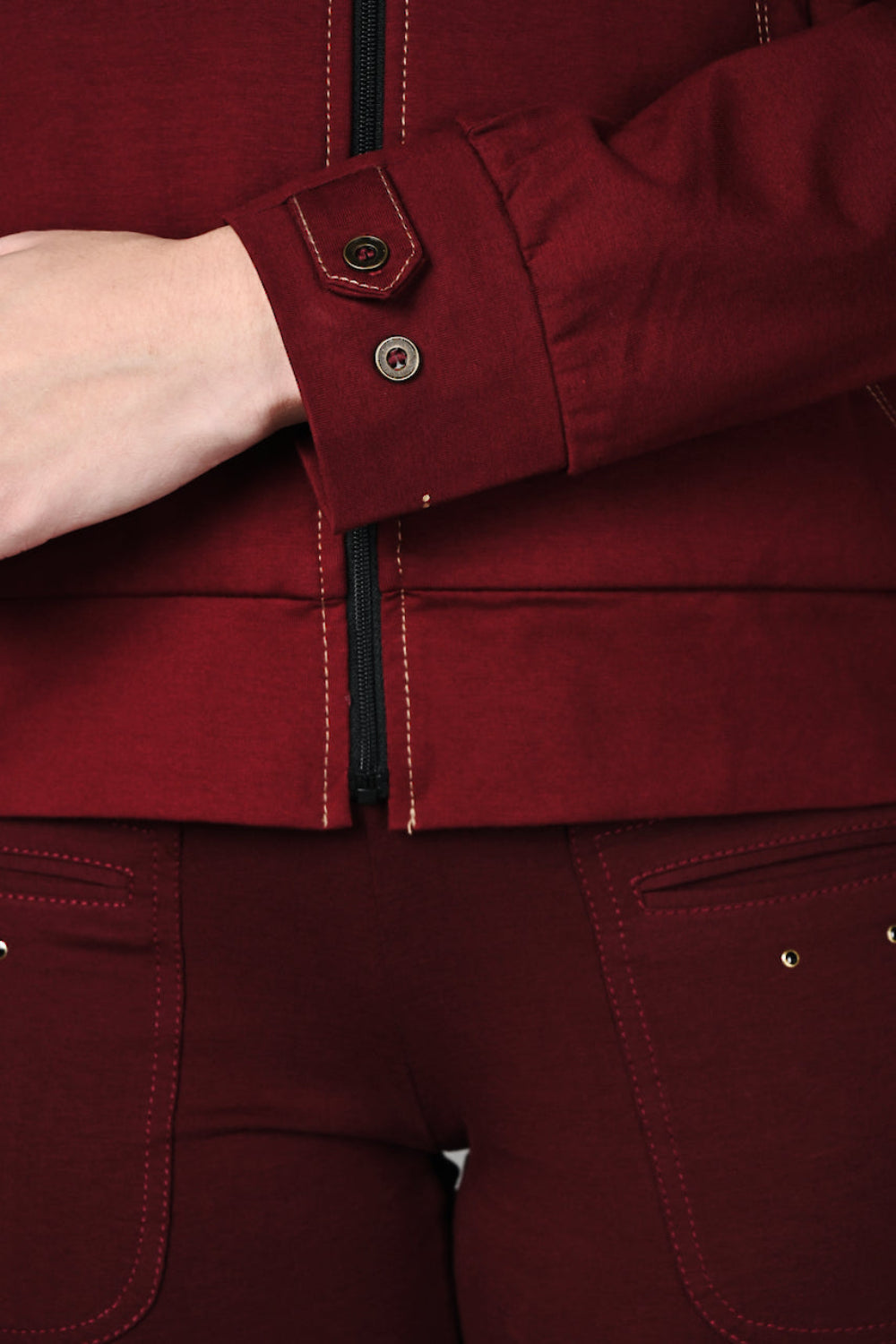 Wine Cotton Stretch Zip-Up Hoodie