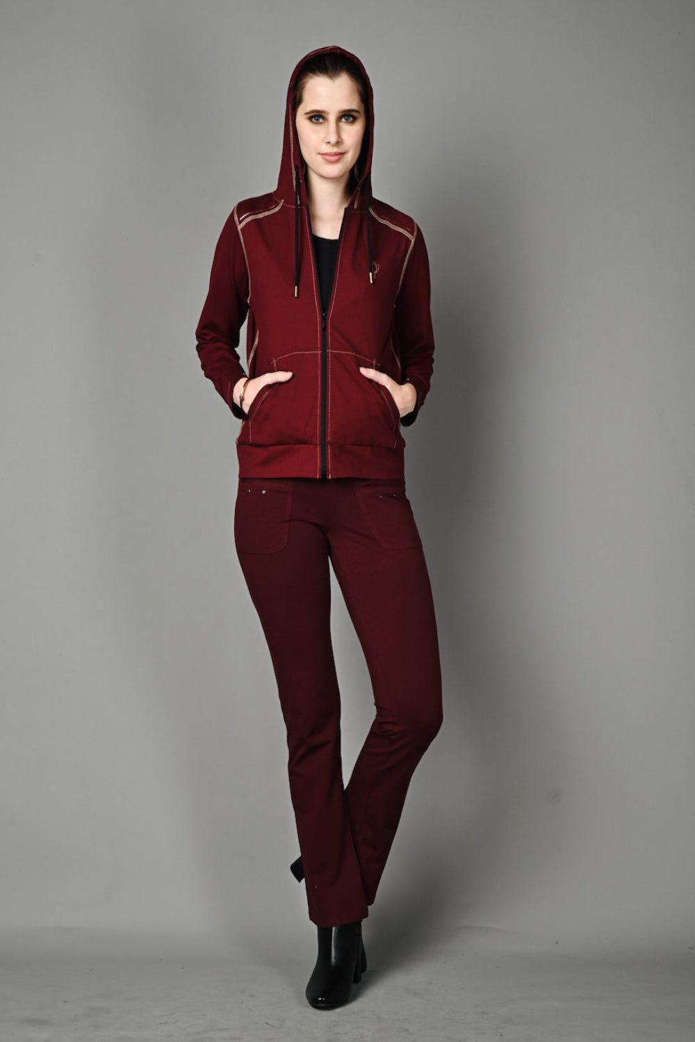 Wine Cotton Stretch Zip-Up Hoodie