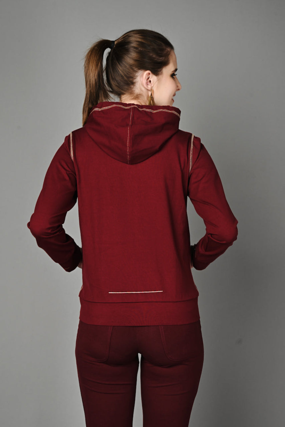 Wine Cotton Stretch Zip-Up Hoodie