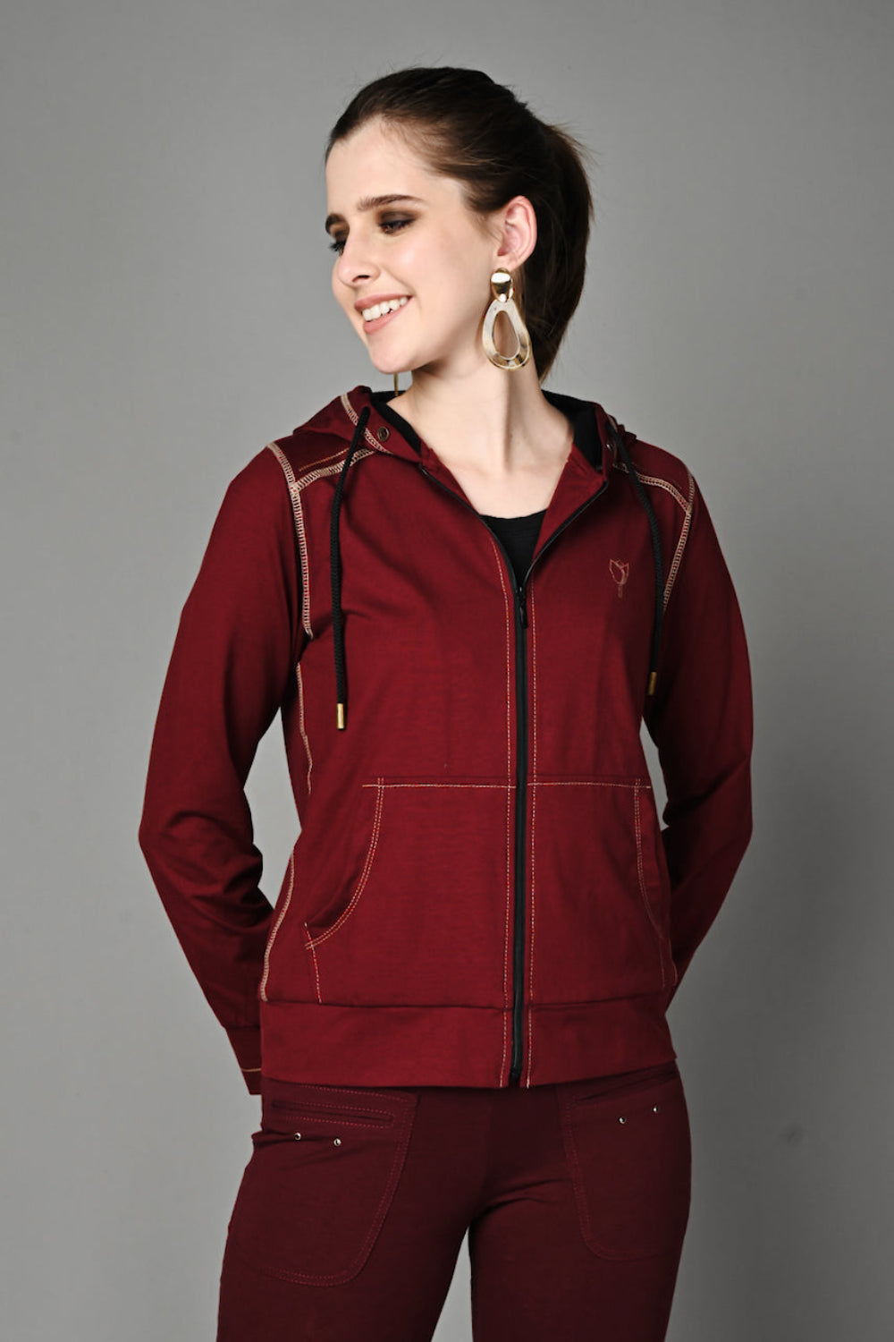 Wine Cotton Stretch Zip-Up Hoodie