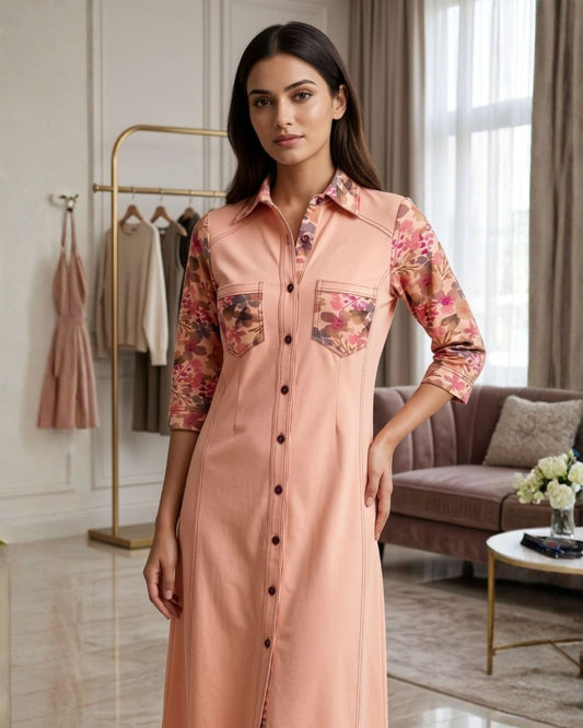 Peach Print Cotton Stretch Dress