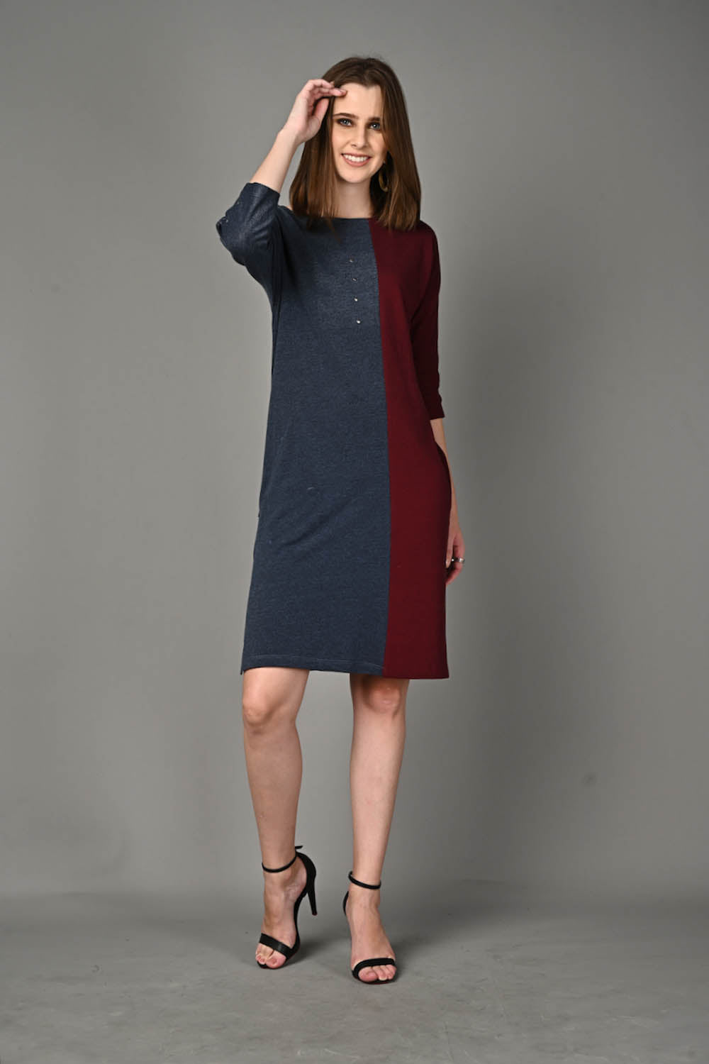 Wine and Blue Stretch Dress with Side Pockets