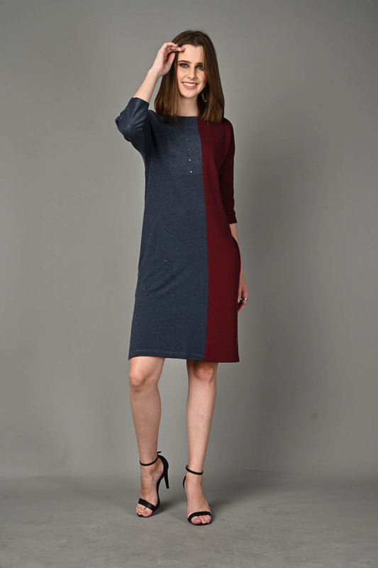Wine and Blue Stretch Dress with Side Pockets
