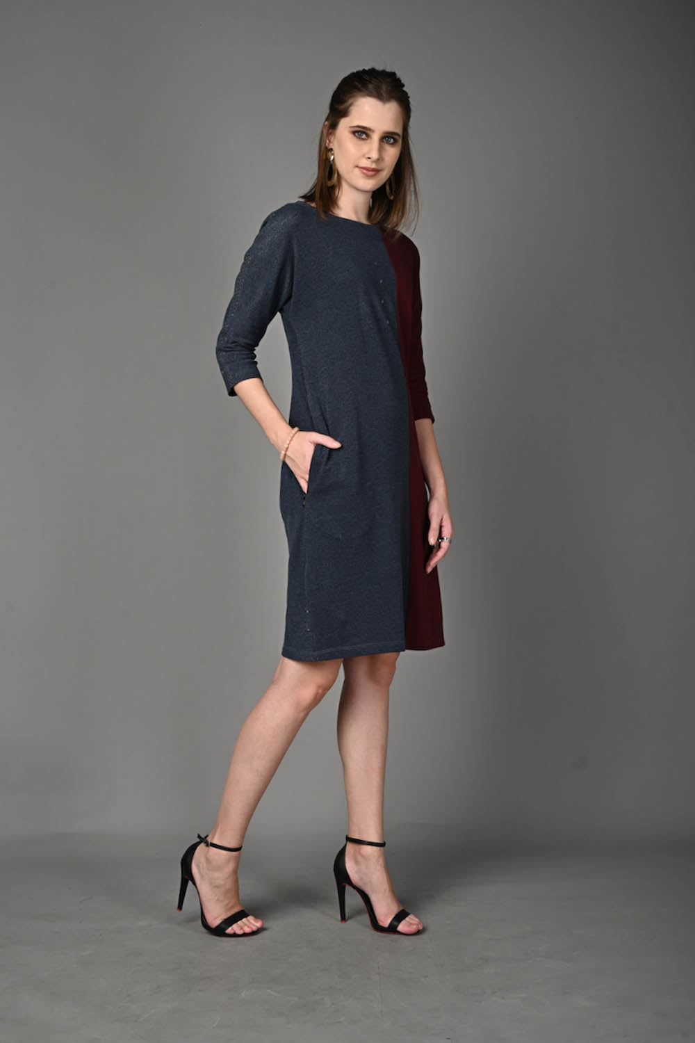 Wine and Blue Stretch Dress with Side Pockets
