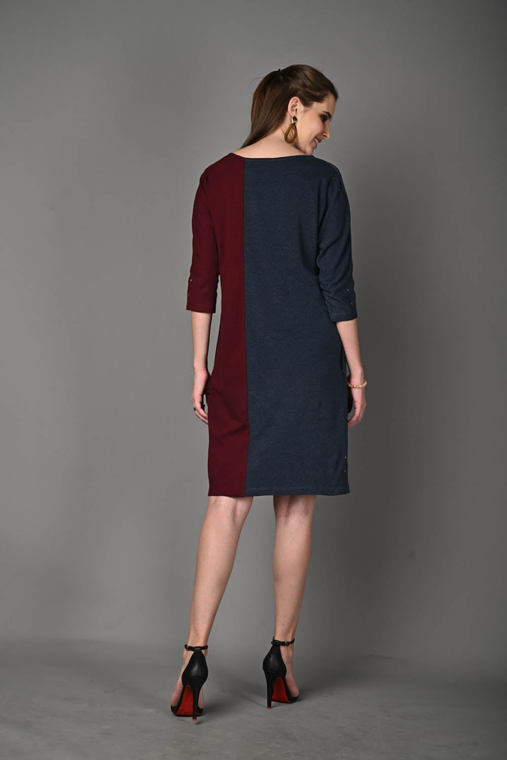 Wine and Blue Stretch Dress with Side Pockets