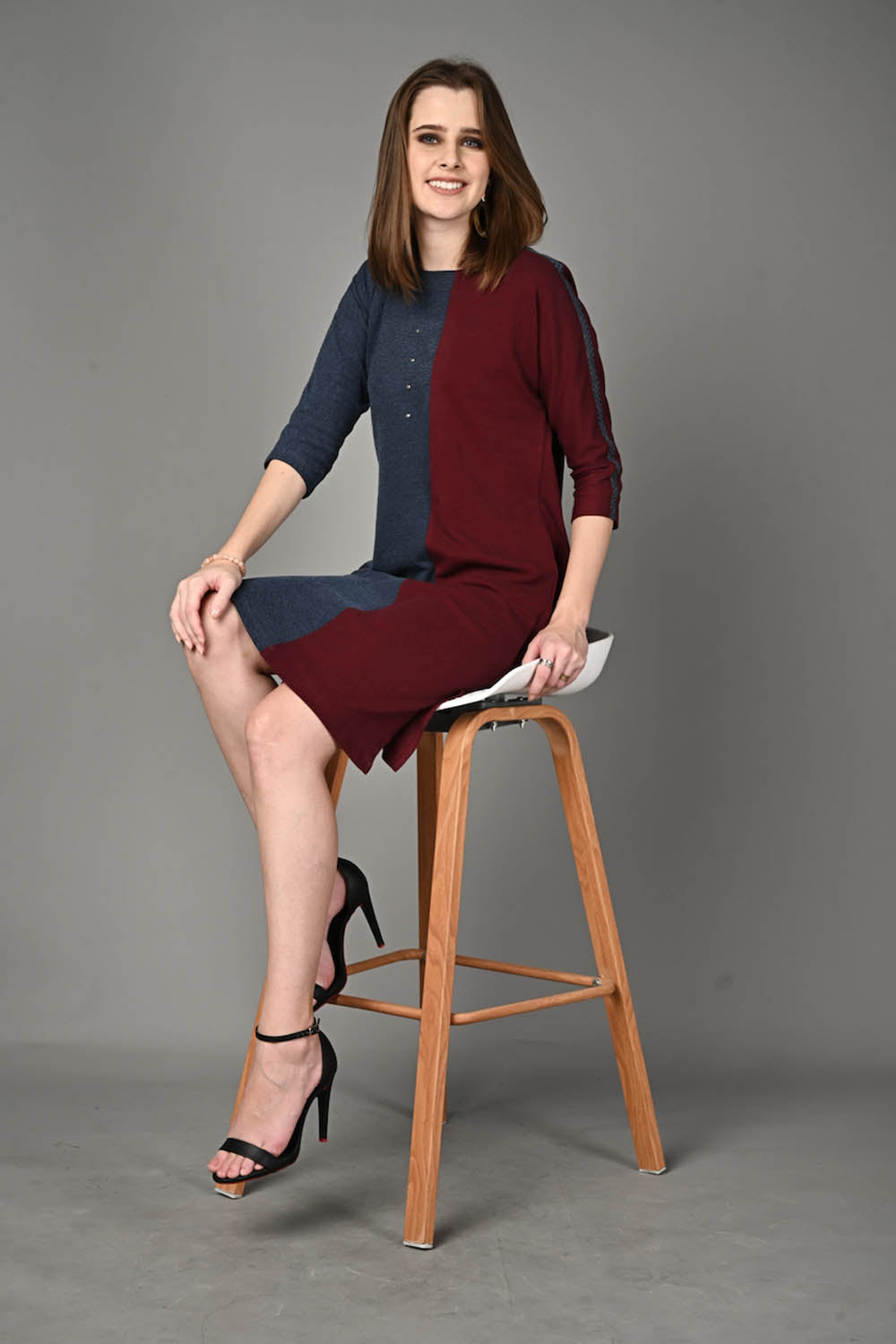 Wine and Blue Stretch Dress with Side Pockets
