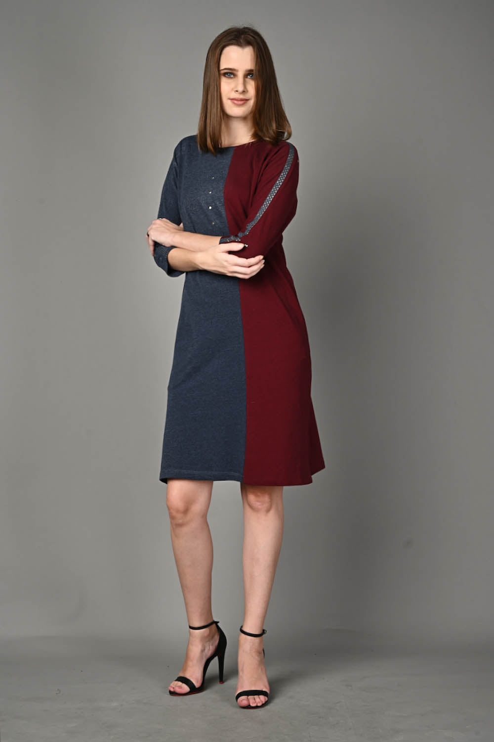Wine and Blue Stretch Dress with Side Pockets